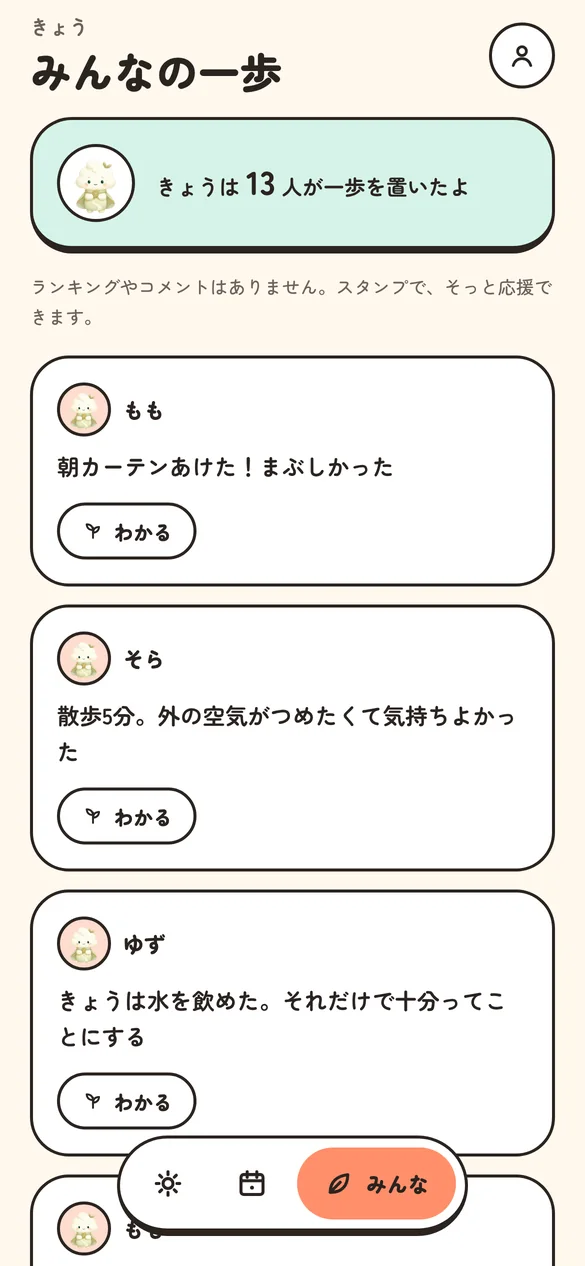 みんなの一歩の画面。きょう一歩を置いた人数と投稿